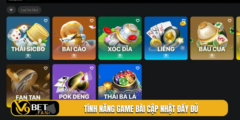 Tính năng game bài cập nhật đầy đủ